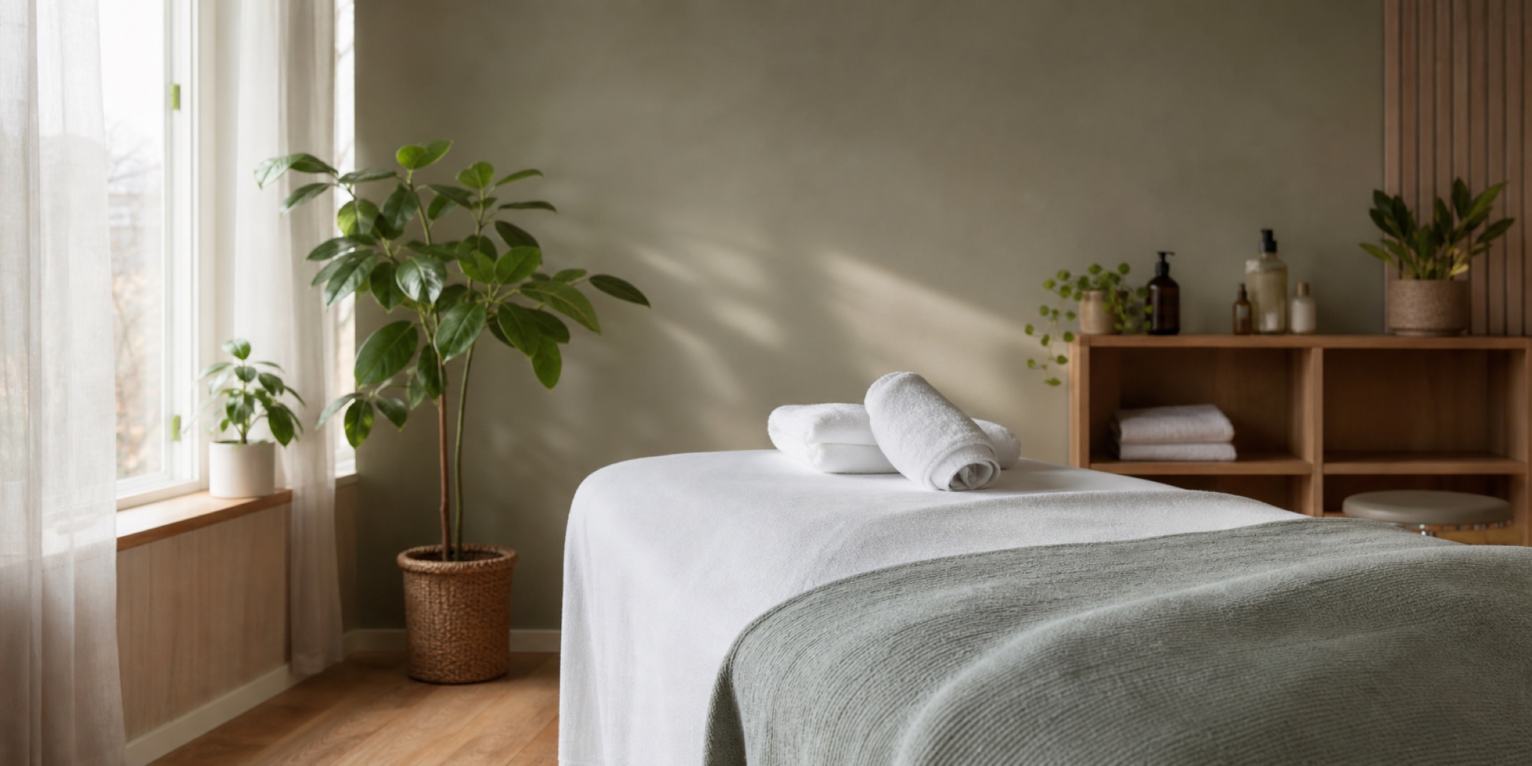 Realistisk fiktivt hjemmesidepreview til massageklinik med massagebriks, håndklæder og rolige behandlingsrum