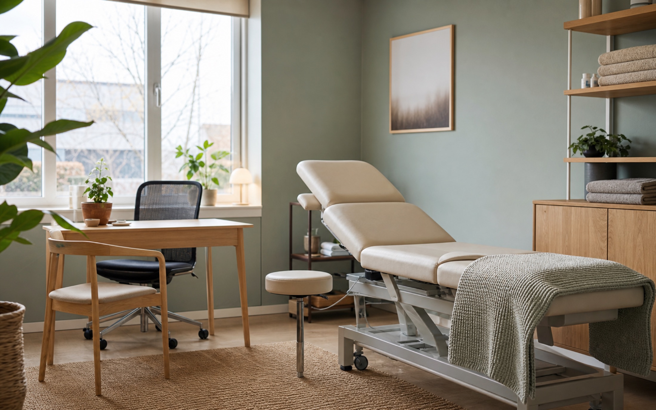 Moderne behandlerrum hos Nærvær Klinik med behandlingsbriks, skrivebord og naturligt lys