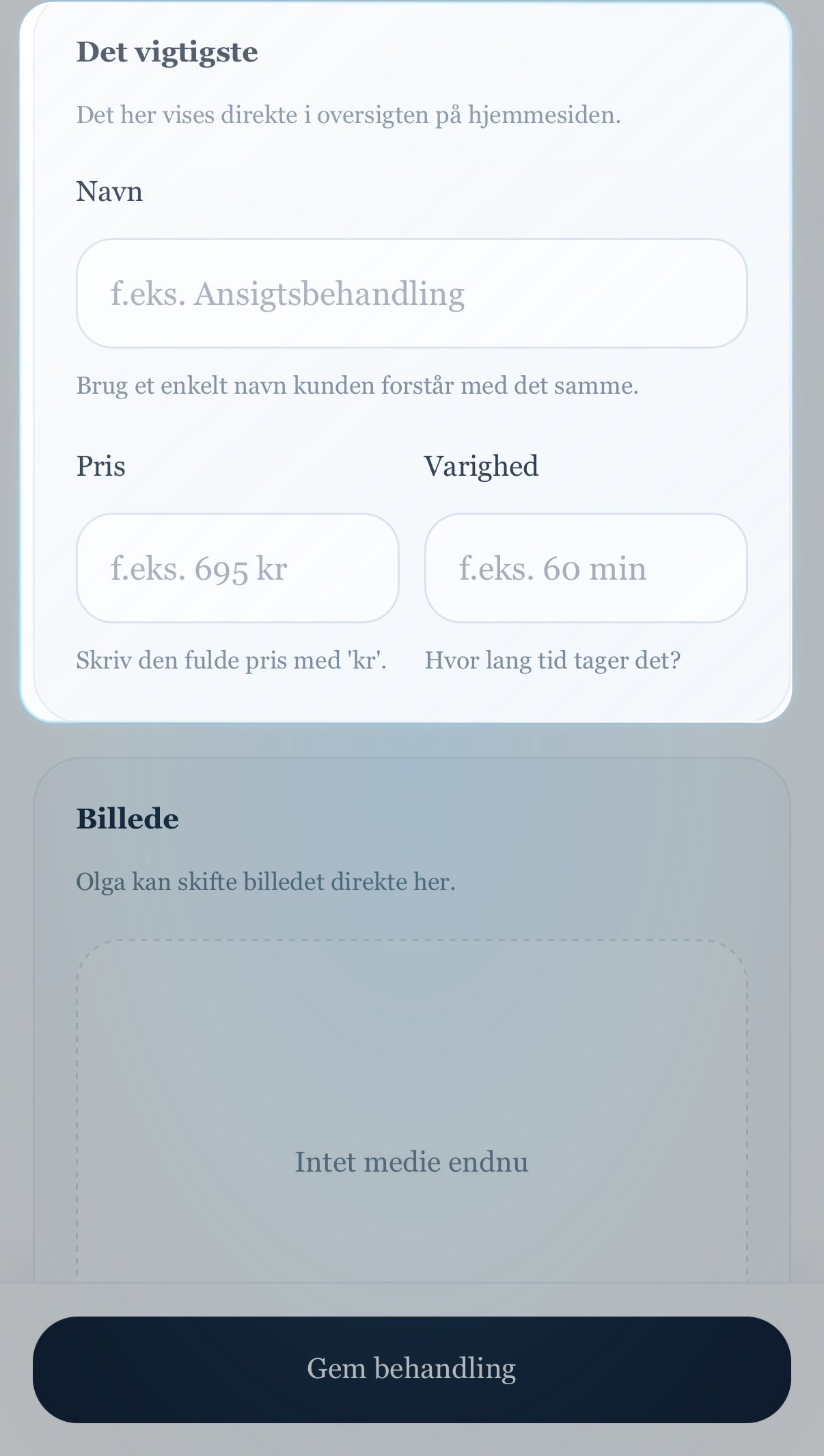 Mobil admin med fokus på formularfelterne for navn, pris og varighed