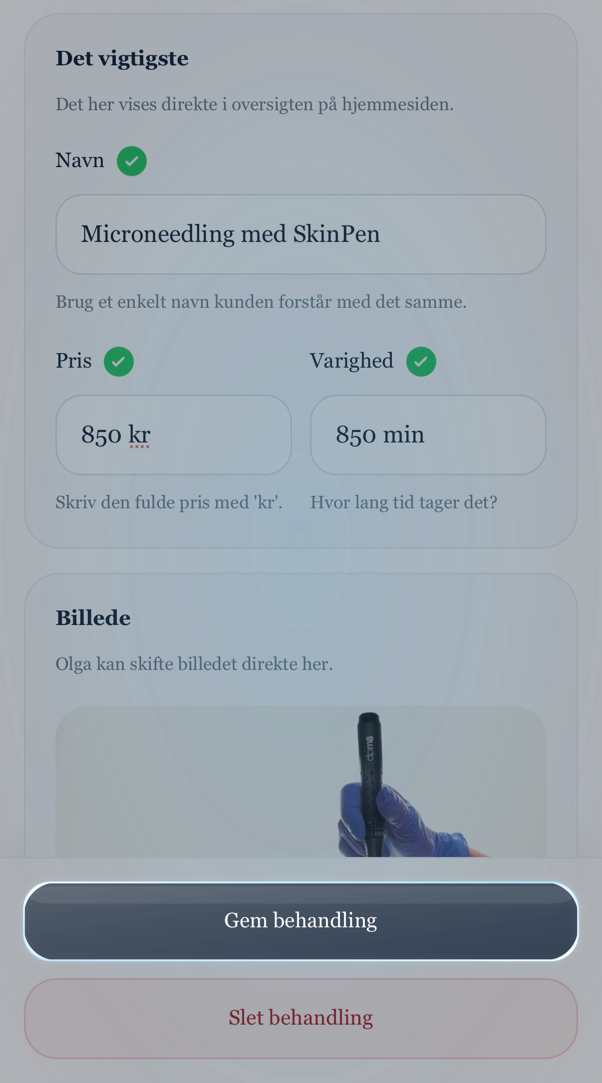 Mobil admin med fokus på knappen Gem behandling