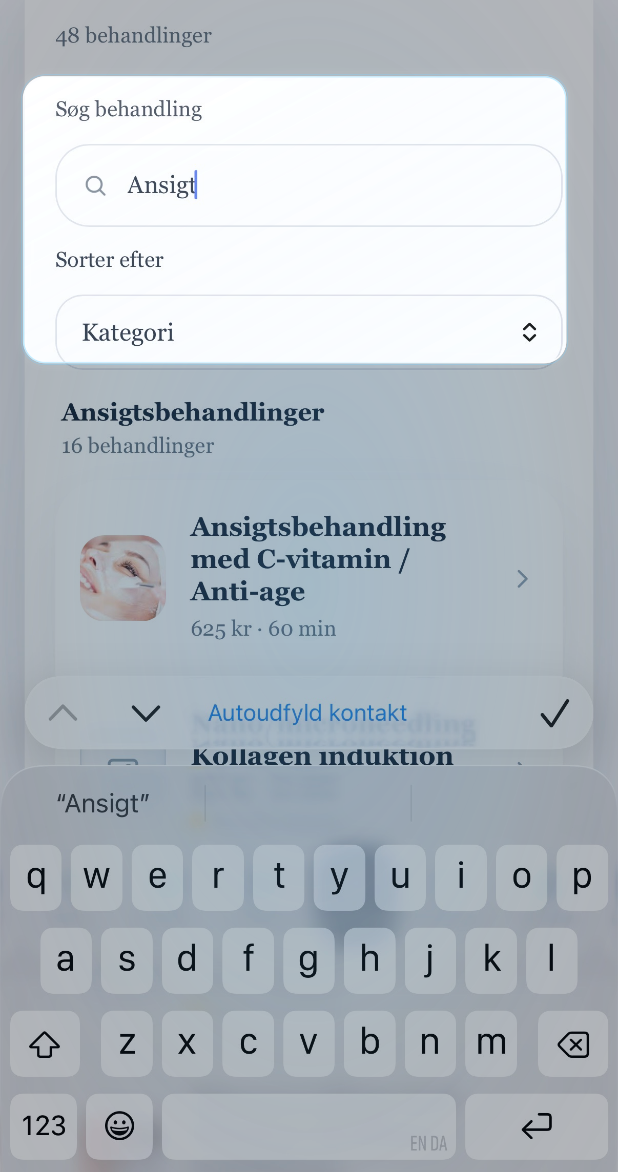 Mobil admin med fokus på søgefeltet for behandlinger