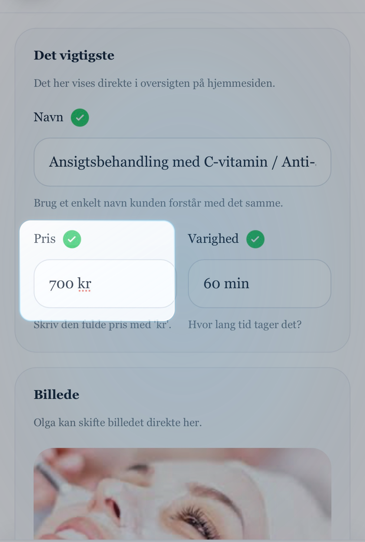 Mobil admin med fokus på prisfeltet i en eksisterende behandling
