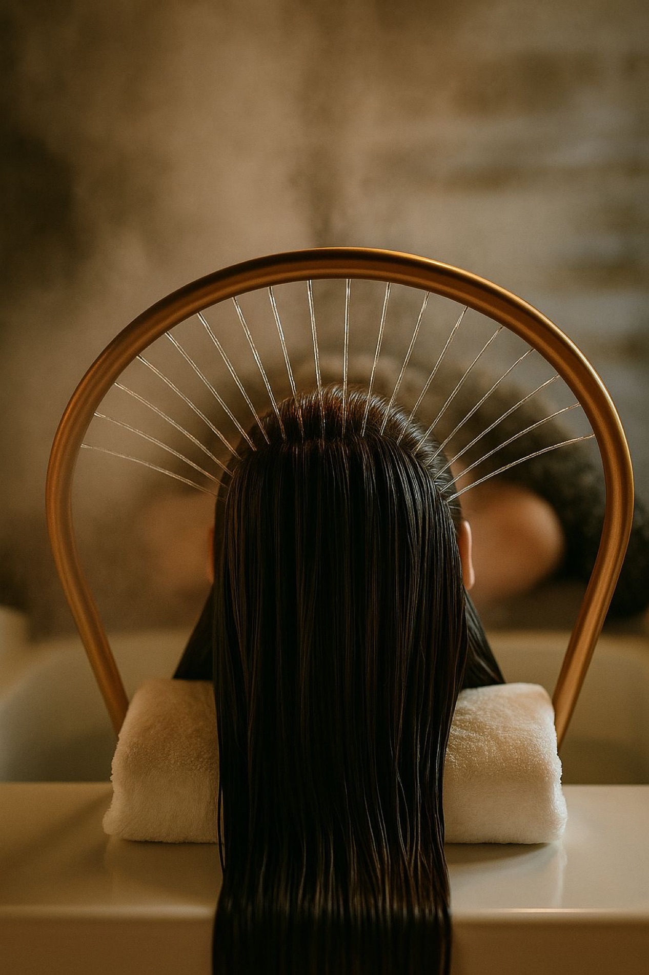 Head spa-behandling hos MS Head Spa i Aalborg med langt hår under den japanske vandbue